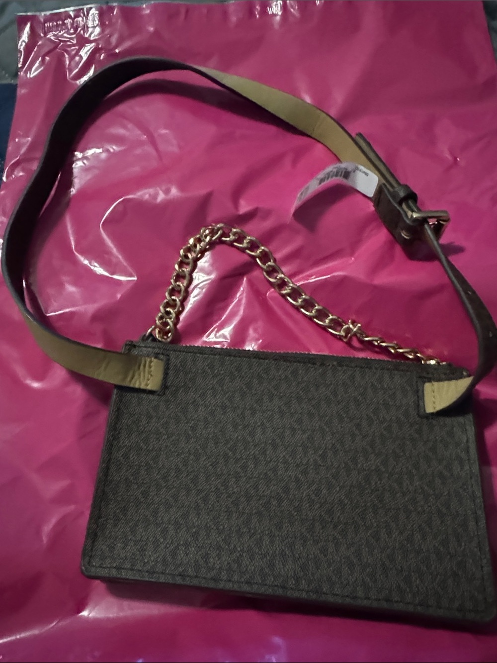 Michael Kors Dark Brown Logo belt purses with Gold Chain - Picture 2 of 5